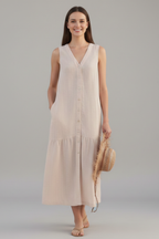 Robe midi femme col V boutons sur le devant