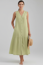 Robe midi femme col V boutons sur le devant