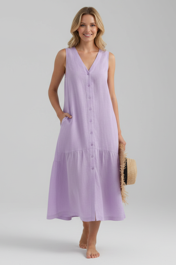 Robe midi femme col V boutons sur le devant