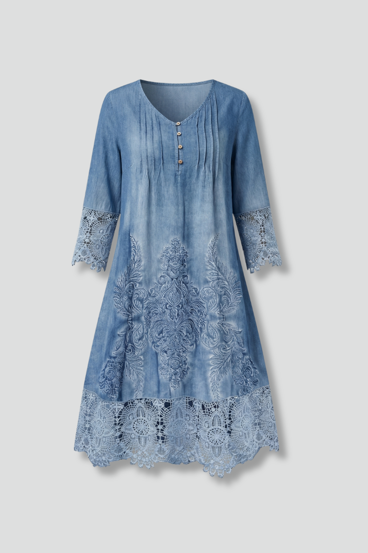 Robe midi femme col V et bas en dentelle