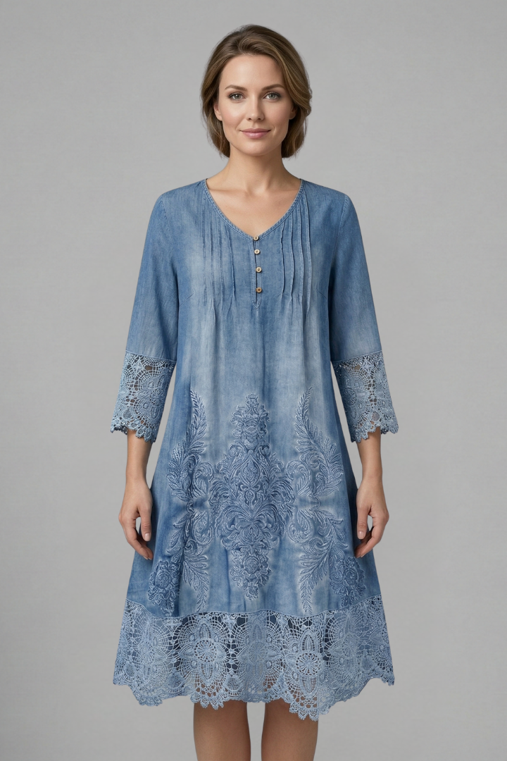 Robe midi femme col V et bas en dentelle