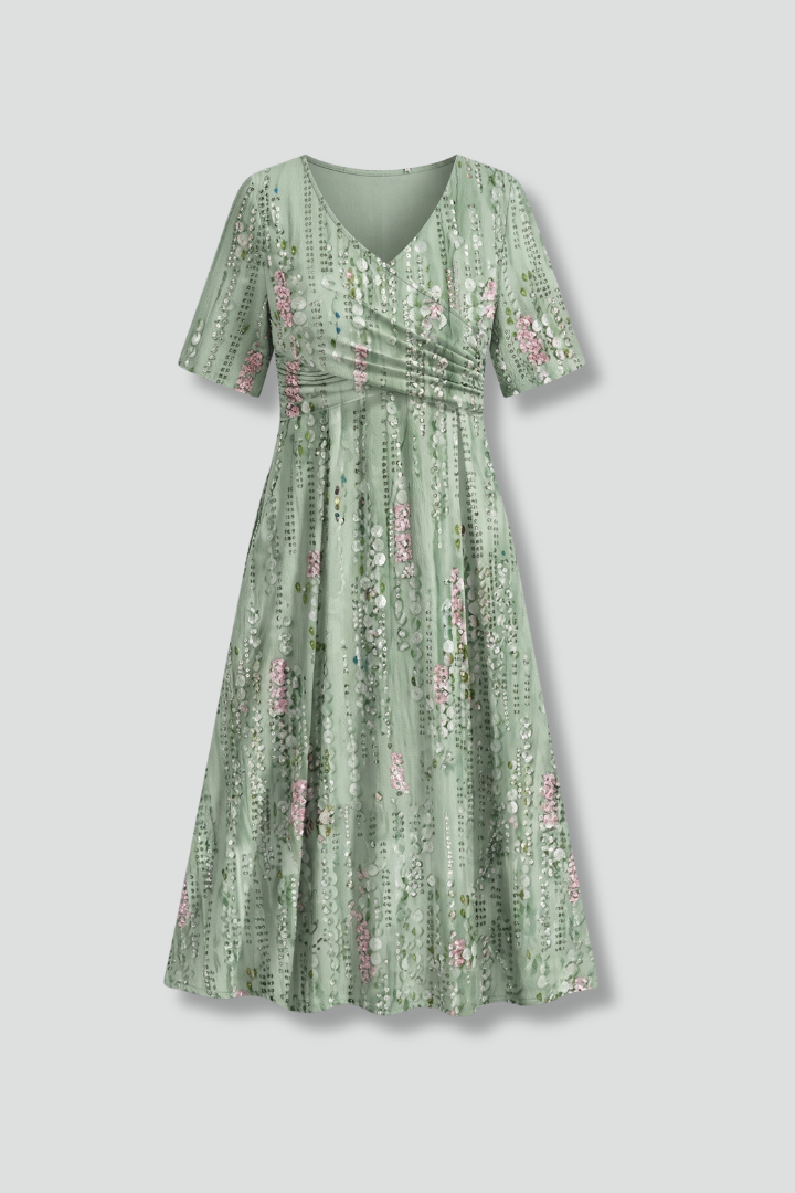 Vestido midi de mulher com decote em V e mangas curtas 4