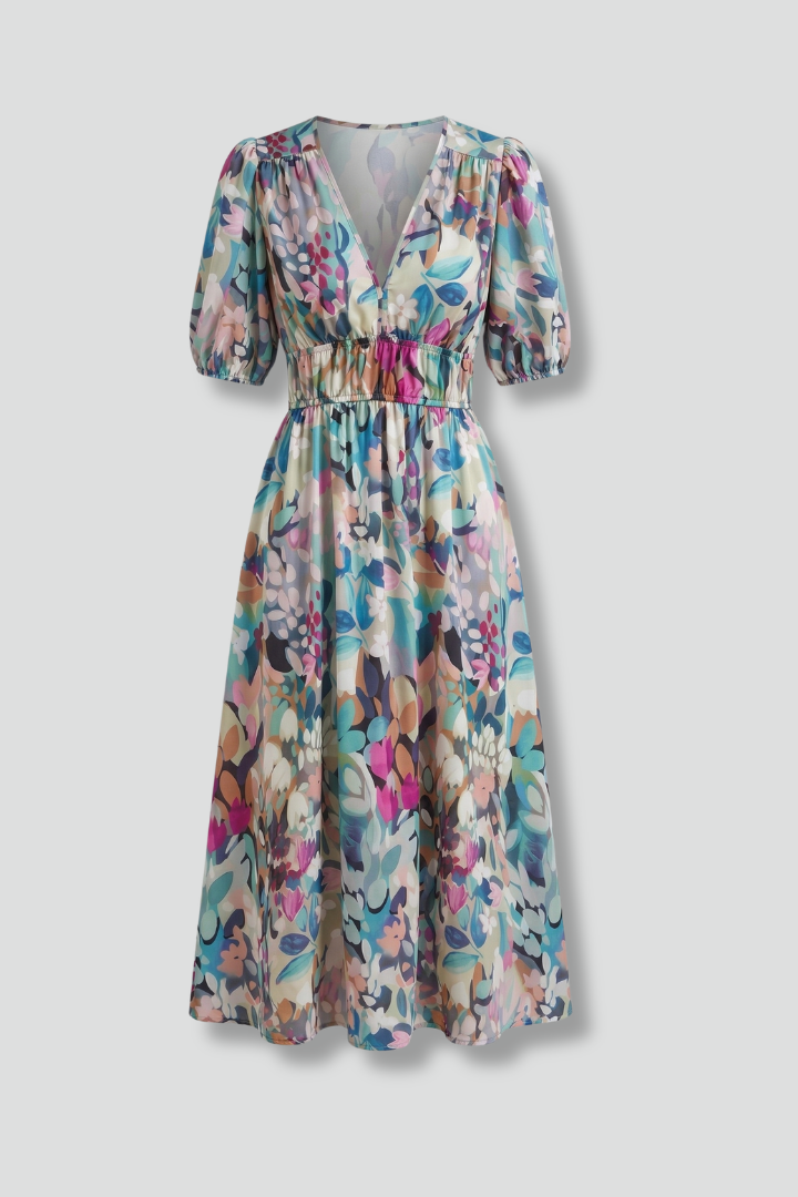 Vestido midi de mulher com decote em V e mangas curtas 3