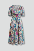 Vestido midi de mulher com decote em V e mangas curtas 3