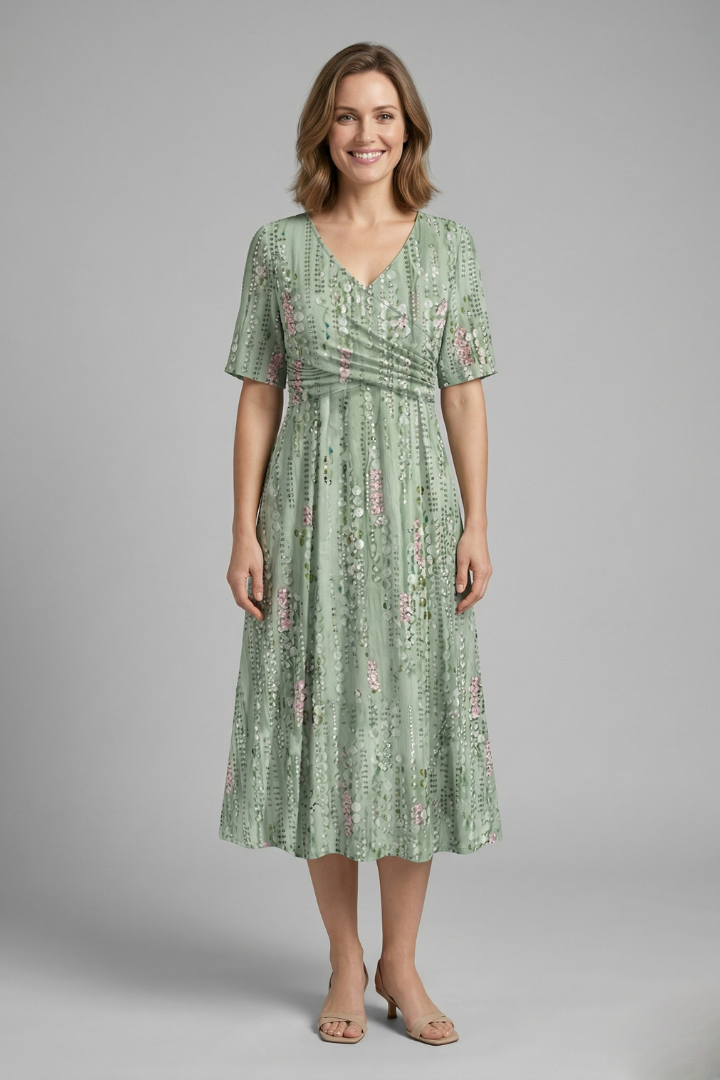 Vestido midi de mulher com decote em V e mangas curtas 4