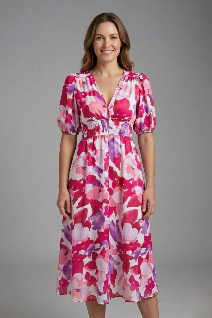 Vestido midi de mulher com decote em V e mangas curtas 3