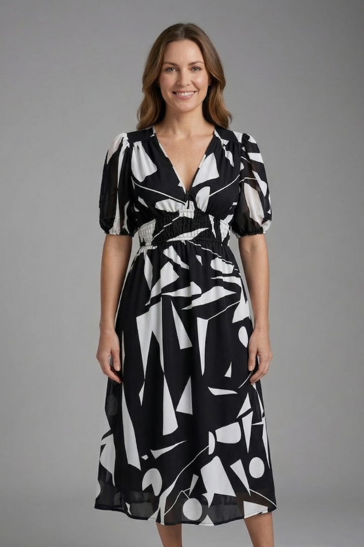Vestido midi de mulher com decote em V e mangas curtas 3
