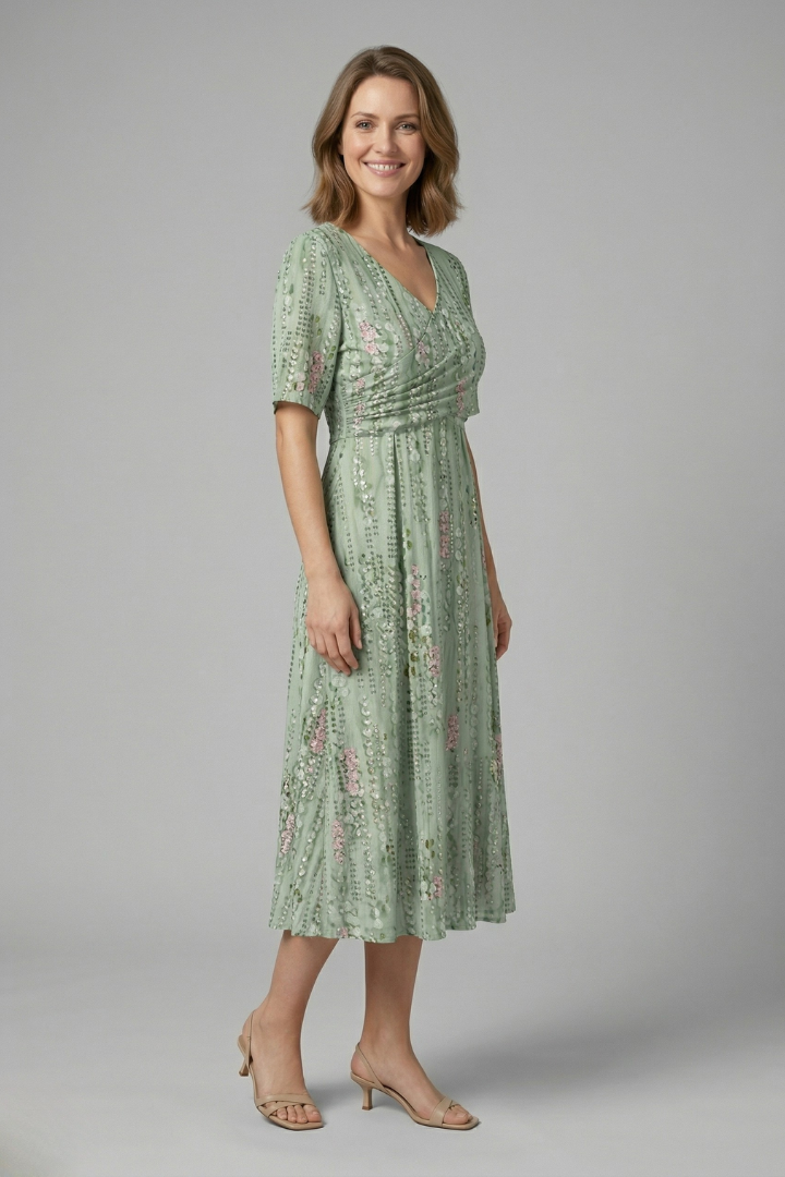Vestido midi de mulher com decote em V e mangas curtas 4