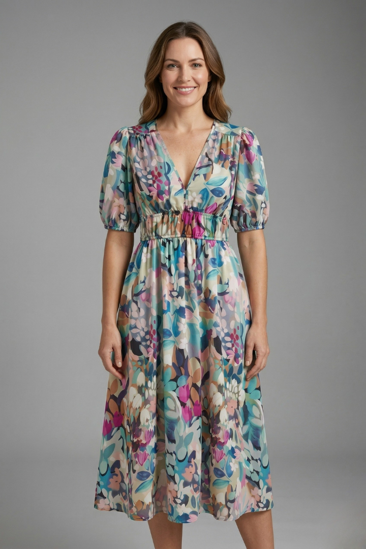 Vestido midi de mulher com decote em V e mangas curtas 3