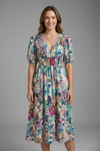Vestido midi de mulher com decote em V e mangas curtas 3