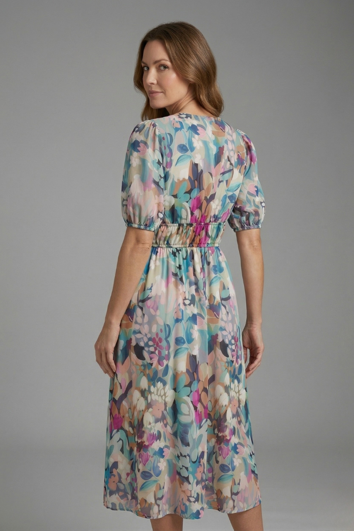 Vestido midi de mulher com decote em V e mangas curtas 3