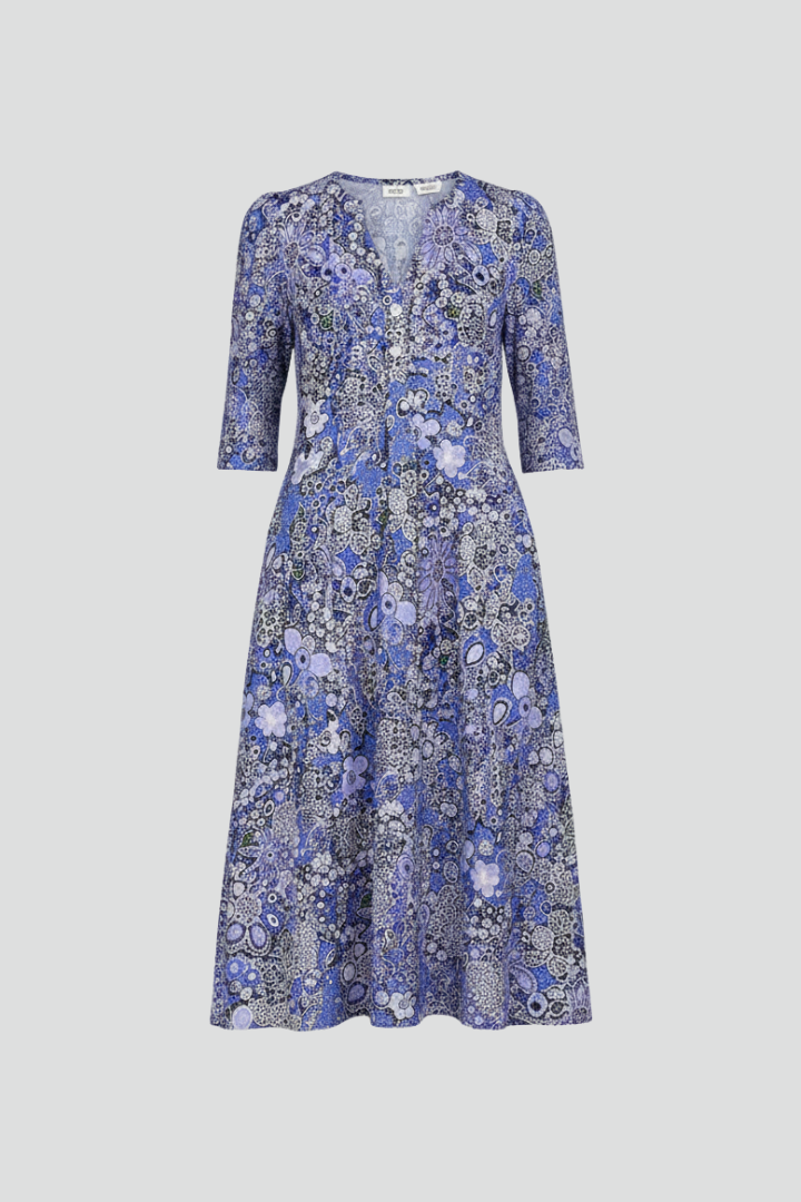 Damska Sukienka Midi z Dekoltem V i Rękawami 3/4 - Niebieski