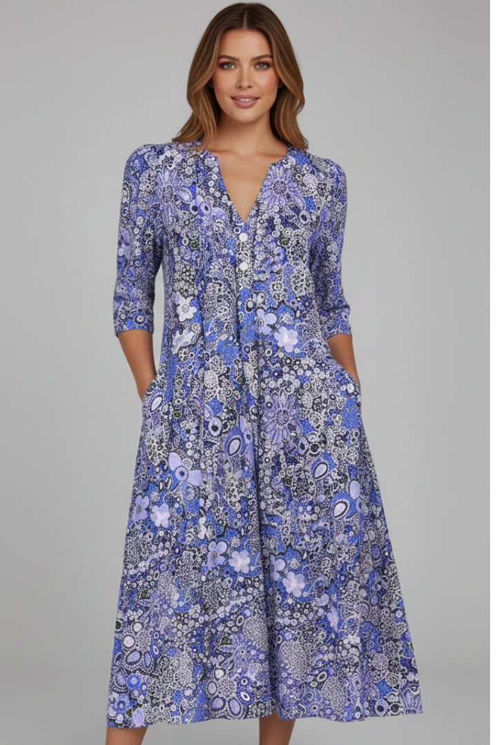 Damska Sukienka Midi z Dekoltem V i Rękawami 3/4 - Niebieski