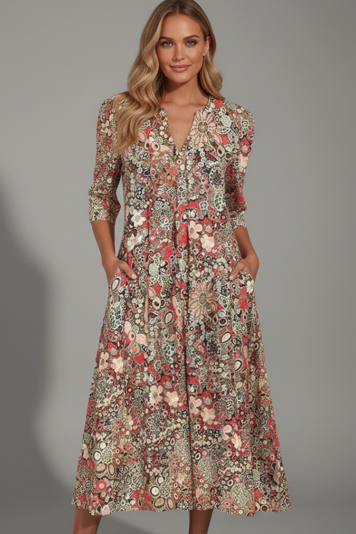 Damska Sukienka Midi z Dekoltem V i Rękawami 3/4 - Niebieski