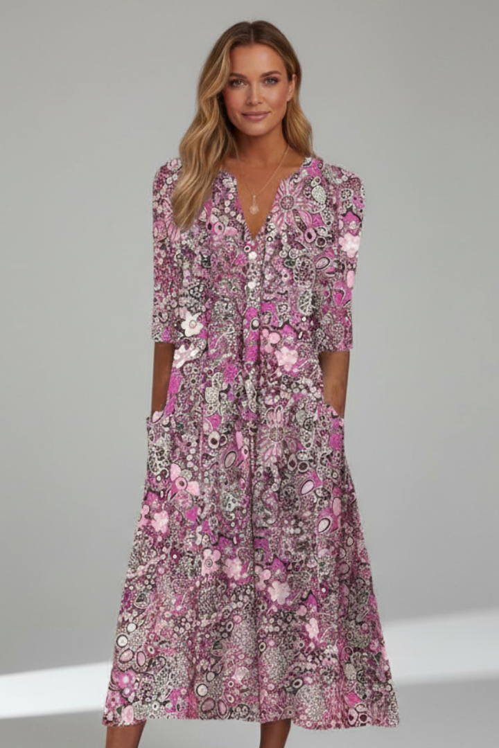 Damska Sukienka Midi z Dekoltem V i Rękawami 3/4 - Czerwony