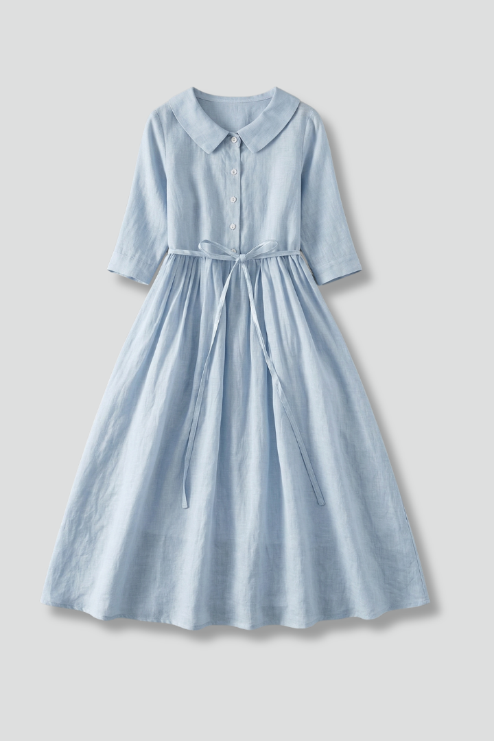 Vestido midi de mulher com decote em V e atilho na cintura