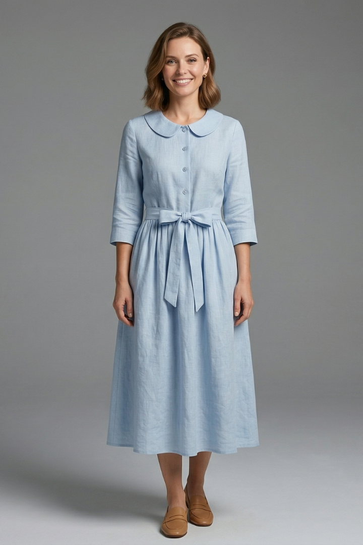 Vestido midi de mulher com decote em V e atilho na cintura