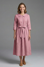 Vestido midi de mulher com decote em V e atilho na cintura