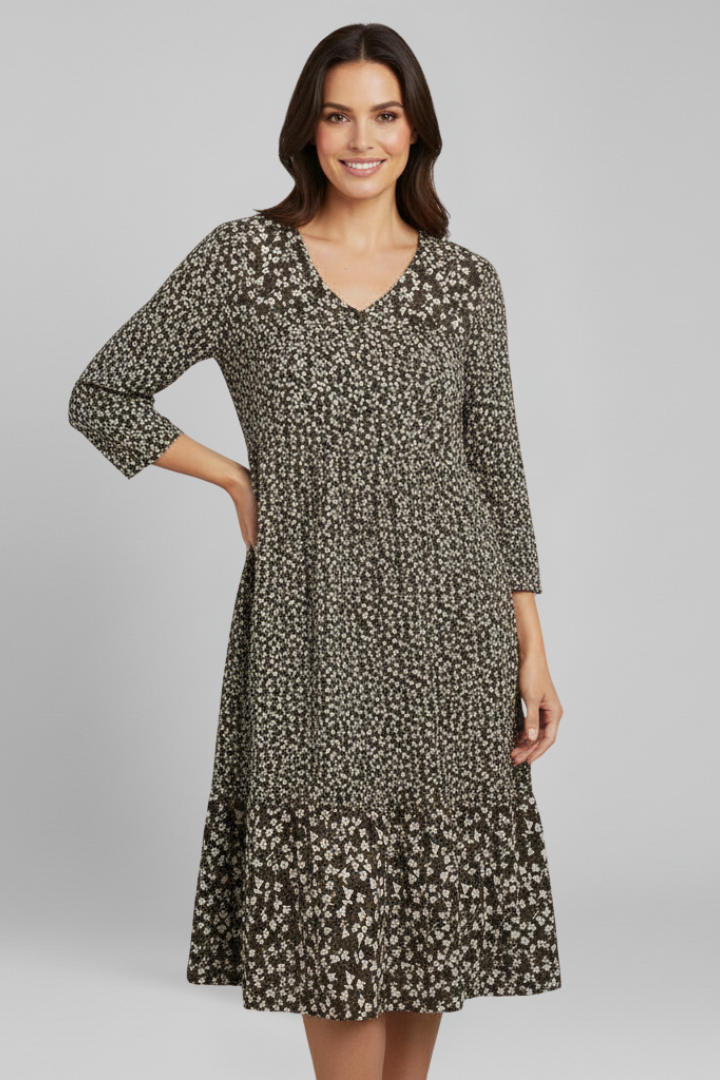 Vestido midi de mulher com decote em V e cintura franzida
