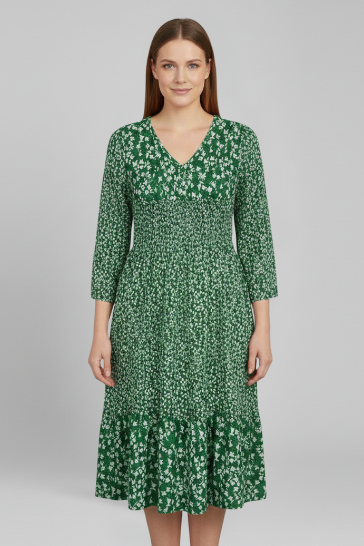Vestido midi de mulher com decote em V e cintura franzida