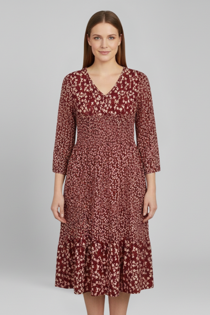 Vestido midi de mulher com decote em V e cintura franzida