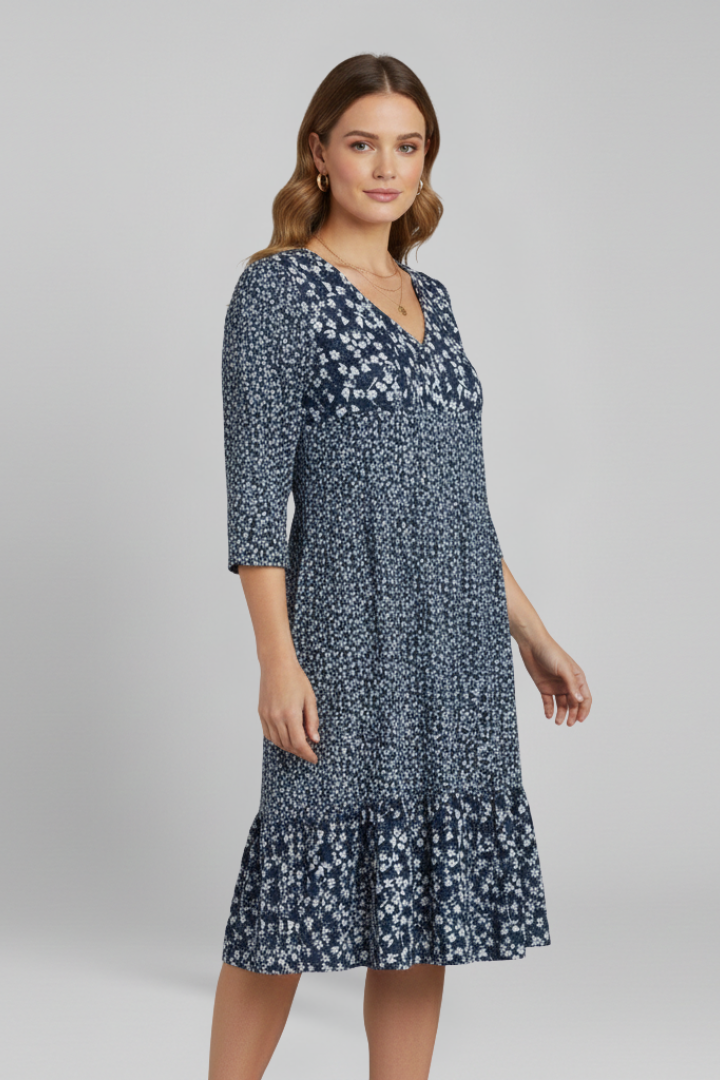 Vestido midi de mulher com decote em V e cintura franzida