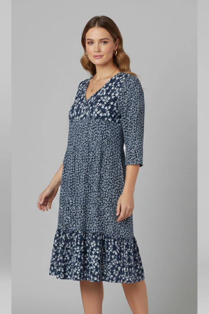 Vestido midi de mulher com decote em V e cintura franzida