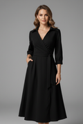 Vestito midi donna scollo a V maniche lunghe