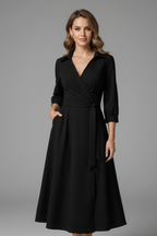 Vestito midi donna scollo a V maniche lunghe