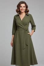Vestito midi donna scollo a V maniche lunghe