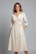 Vestito midi donna scollo a V maniche lunghe