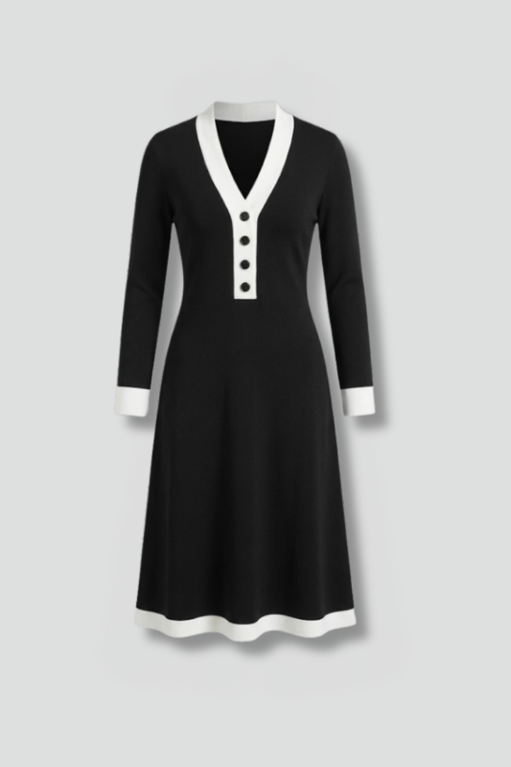 Vestido midi de mulher com decote em V e botões decorativos
