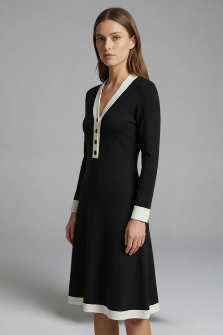 Vestido midi de mulher com decote em V e botões decorativos