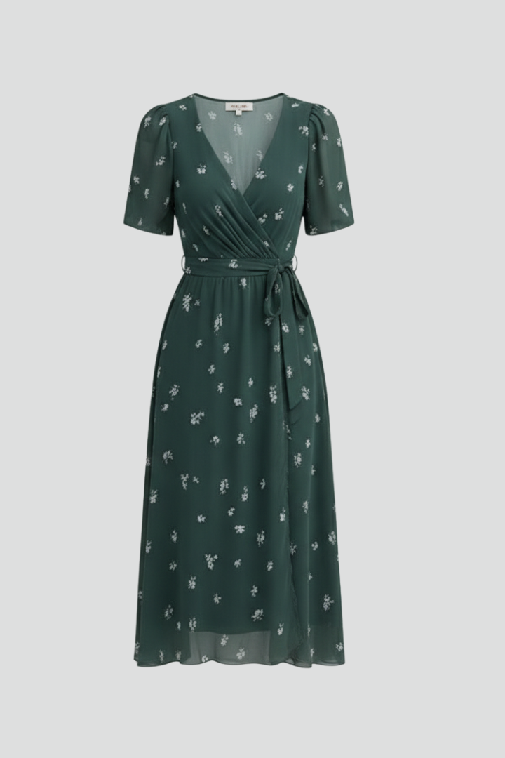 Damska Sukienka Midi z Dekoltem V ze Wzorem - Zielony