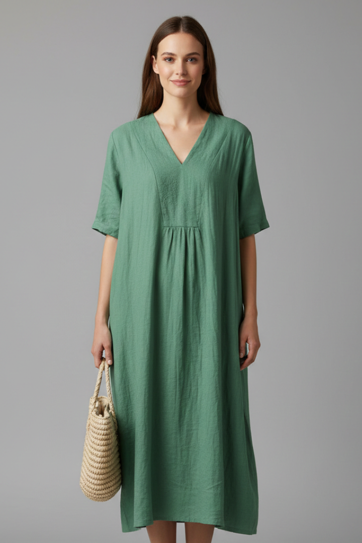 Vestito midi donna con scollo a V e maniche corte