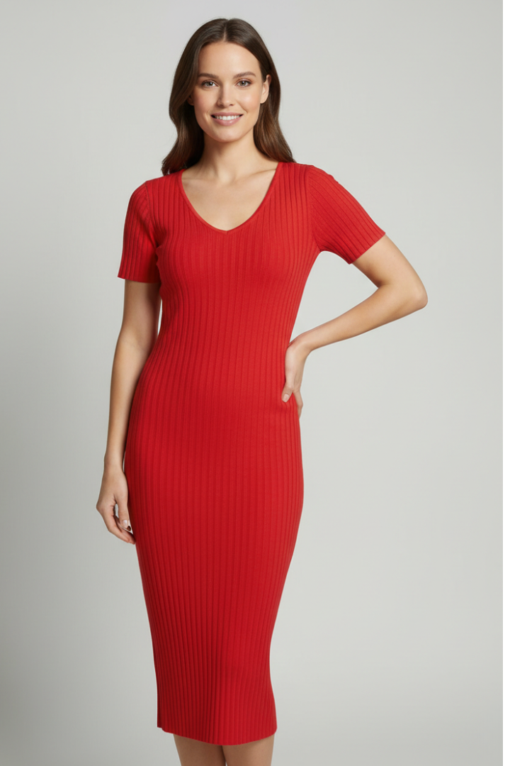 Robe midi femme col V manches courtes