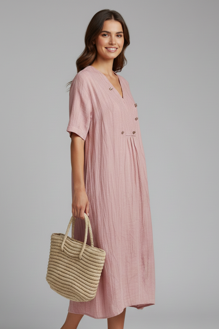 Vestito midi donna con scollo a V e maniche corte