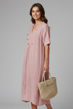 Vestito midi donna con scollo a V e maniche corte