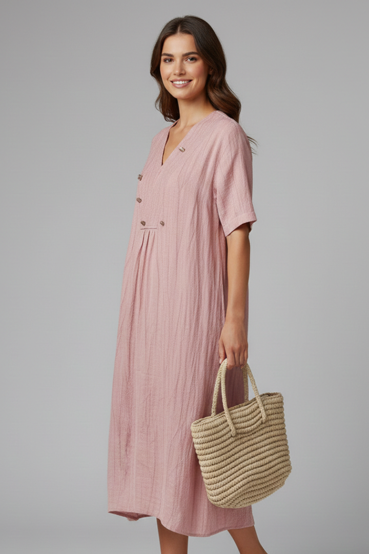 Vestito midi donna con scollo a V e maniche corte