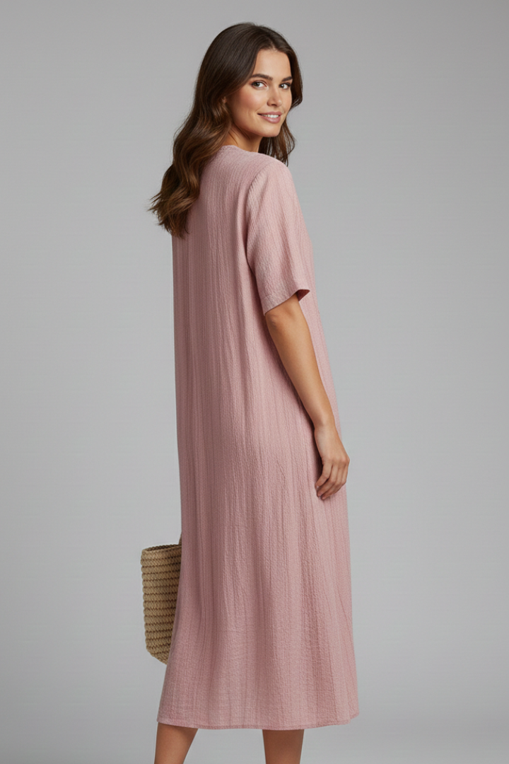 Vestito midi donna con scollo a V e maniche corte