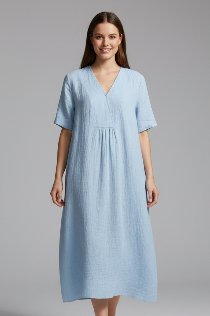 Vestito midi donna con scollo a V e maniche corte