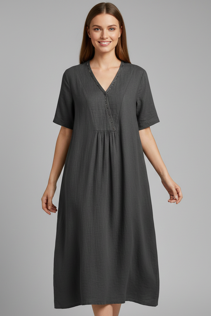 Vestito midi donna con scollo a V e maniche corte