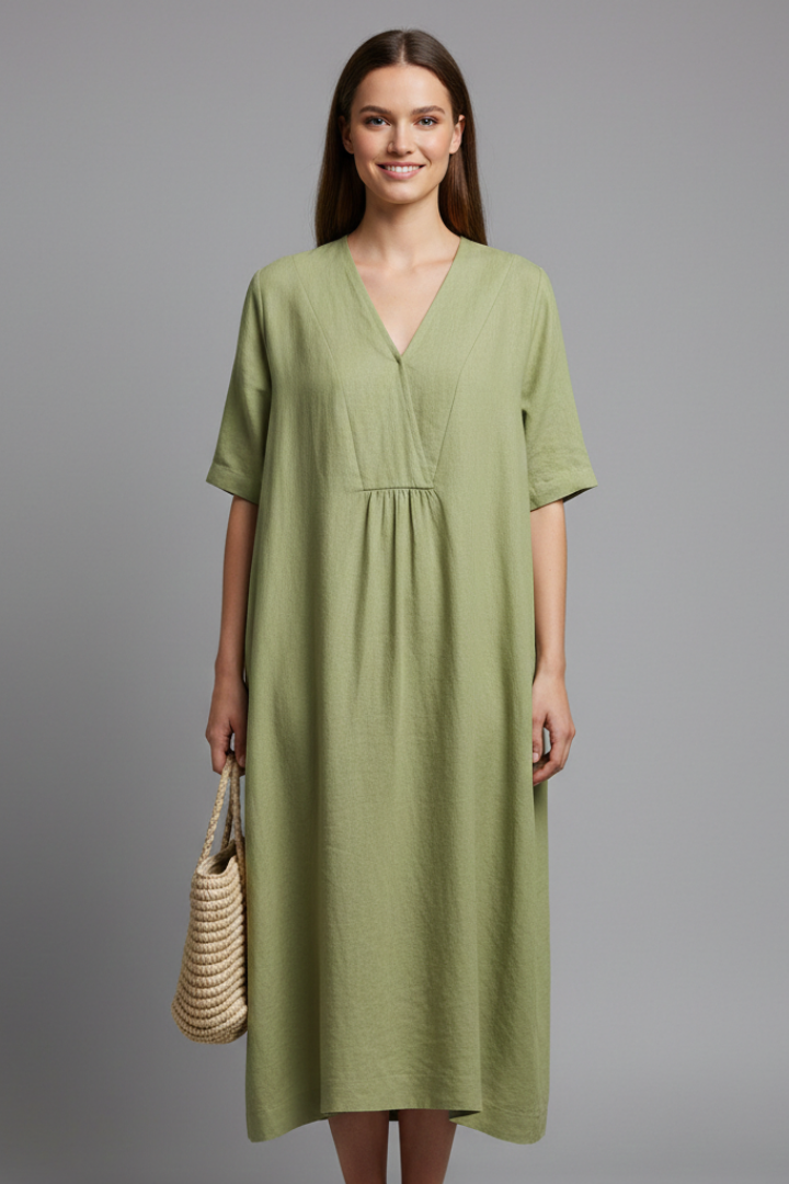 Vestito midi donna con scollo a V e maniche corte