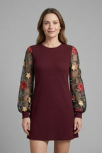 Vestito mini donna con maniche a vescovo e dettaglio ricamato