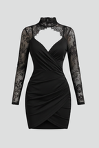 Vestito mini donna con scollo alto e maniche in pizzo