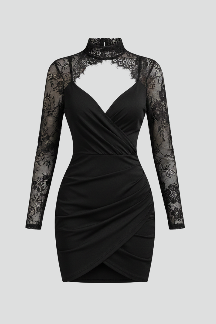 Vestito mini donna con scollo alto e maniche in pizzo