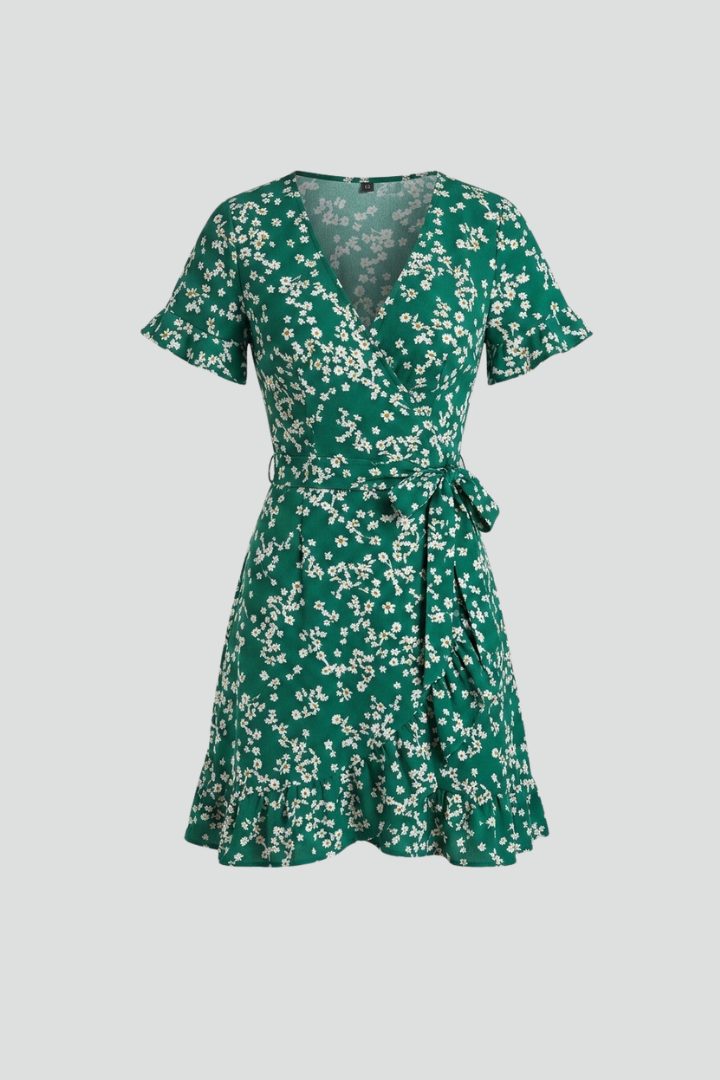 Vestido mini de mulher com decote em V e folho na bainha