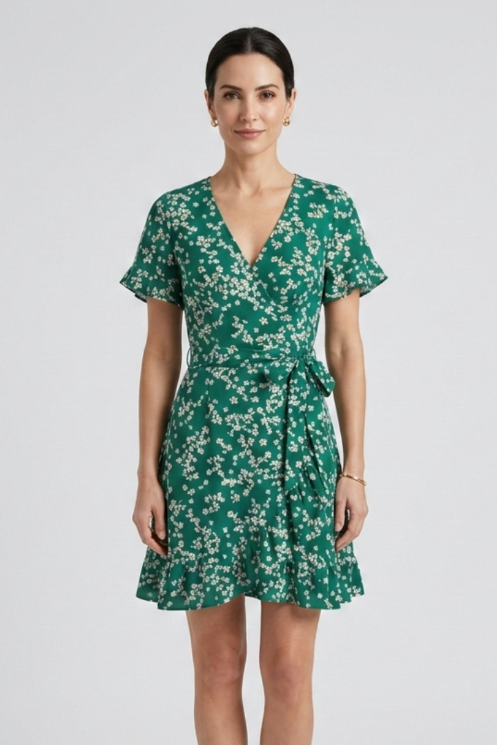 Vestido mini de mulher com decote em V e folho na bainha