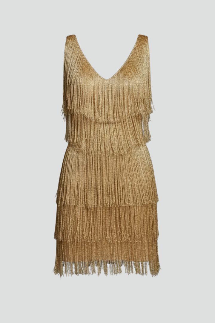 Vestito mini donna con scollo a V e frange