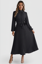 Vestito plissettato donna con maniche lunghe e laccio in vita